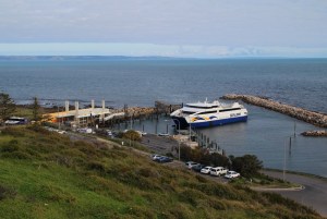 Sealink ferry docking at Cape Jervis with Kangaroo Island in background